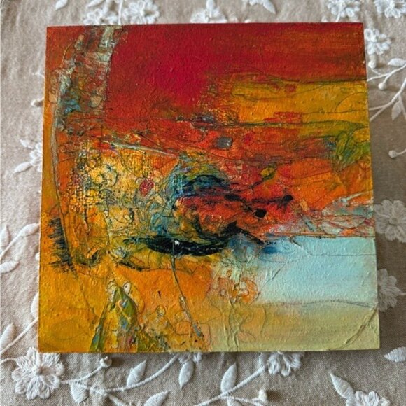 Abstract Multicolor Acrylic Painting On Wood Block 8"x8" By Lori V. Kelly - Picture 1 of 4